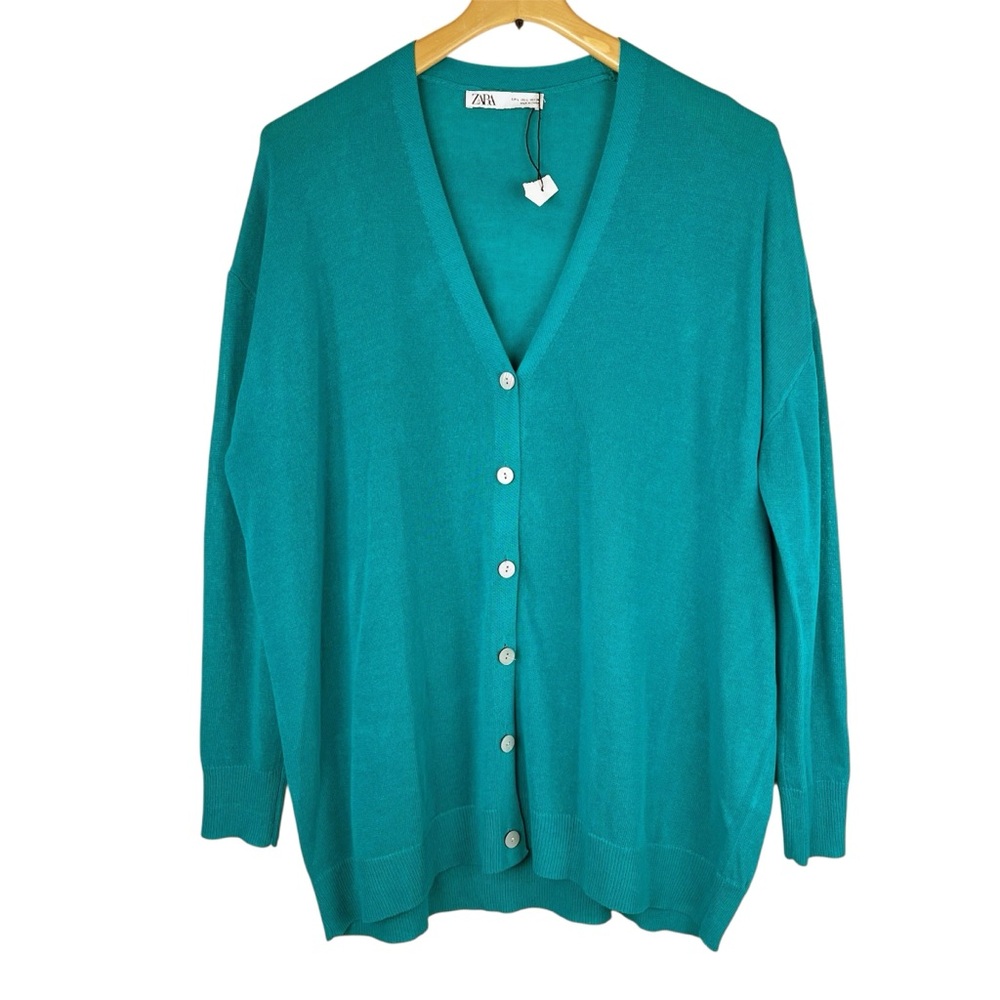 Zara Button Front Cardigan Sweater Linen Blend Green Size Large